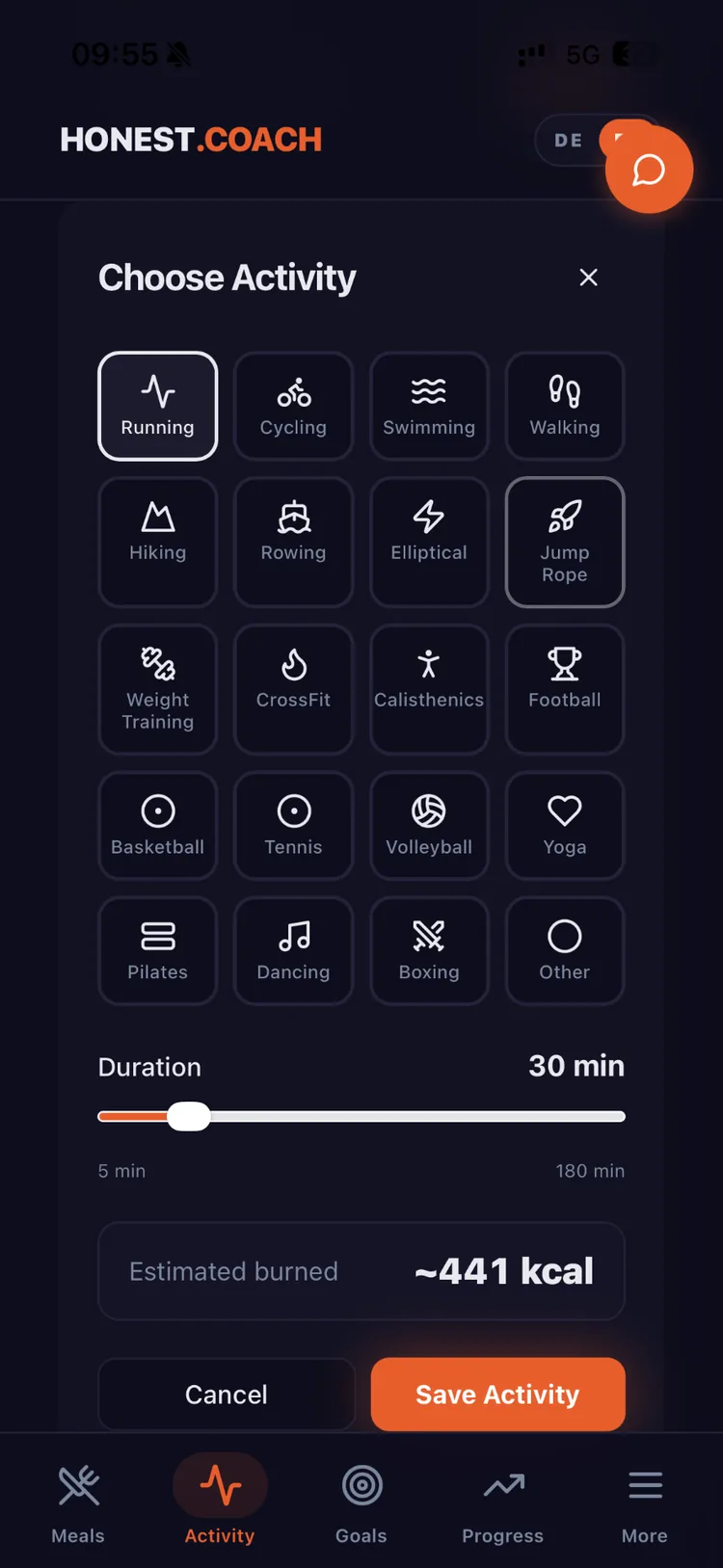 Honest Coach im App Store: Aktivität erfassen